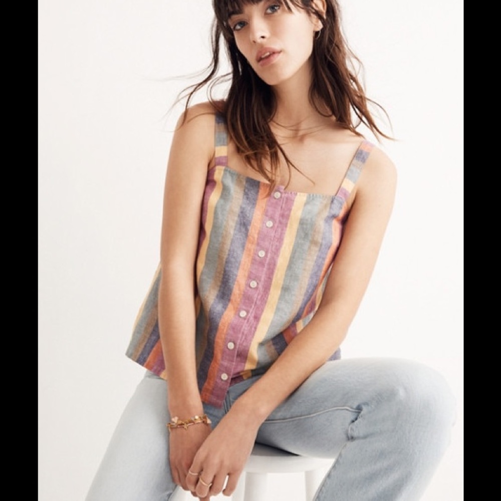 Madewell Rainbow Stripe Linen Button-Front Tank
